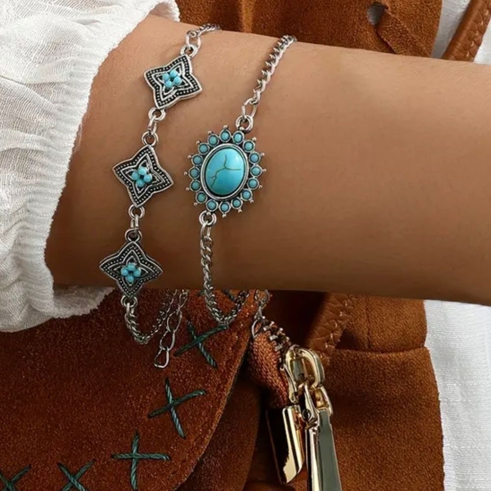Turquoise and Silver Star Bracelet 2 Piece Set | Womens Costume Jewelry